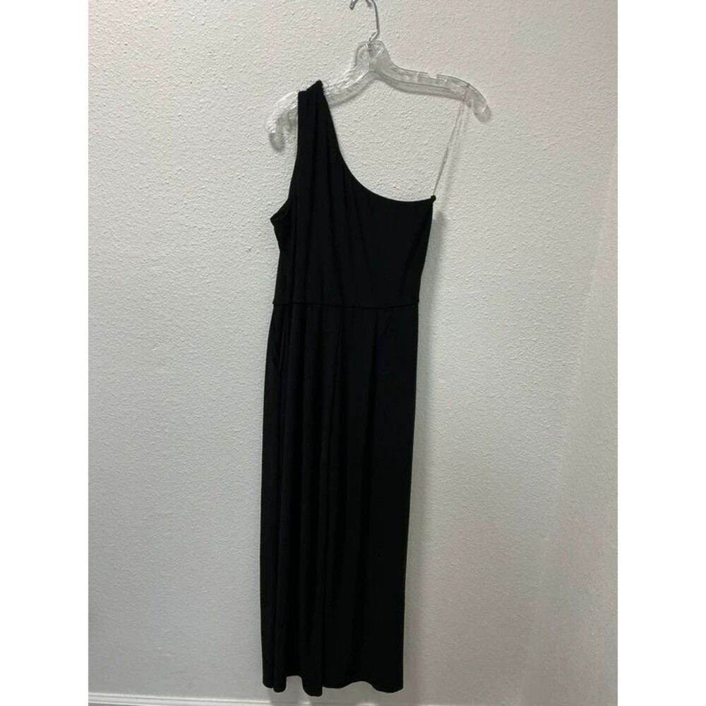 Society MP one shoulder black jumpsuit petite medium ruched bodice wide leg